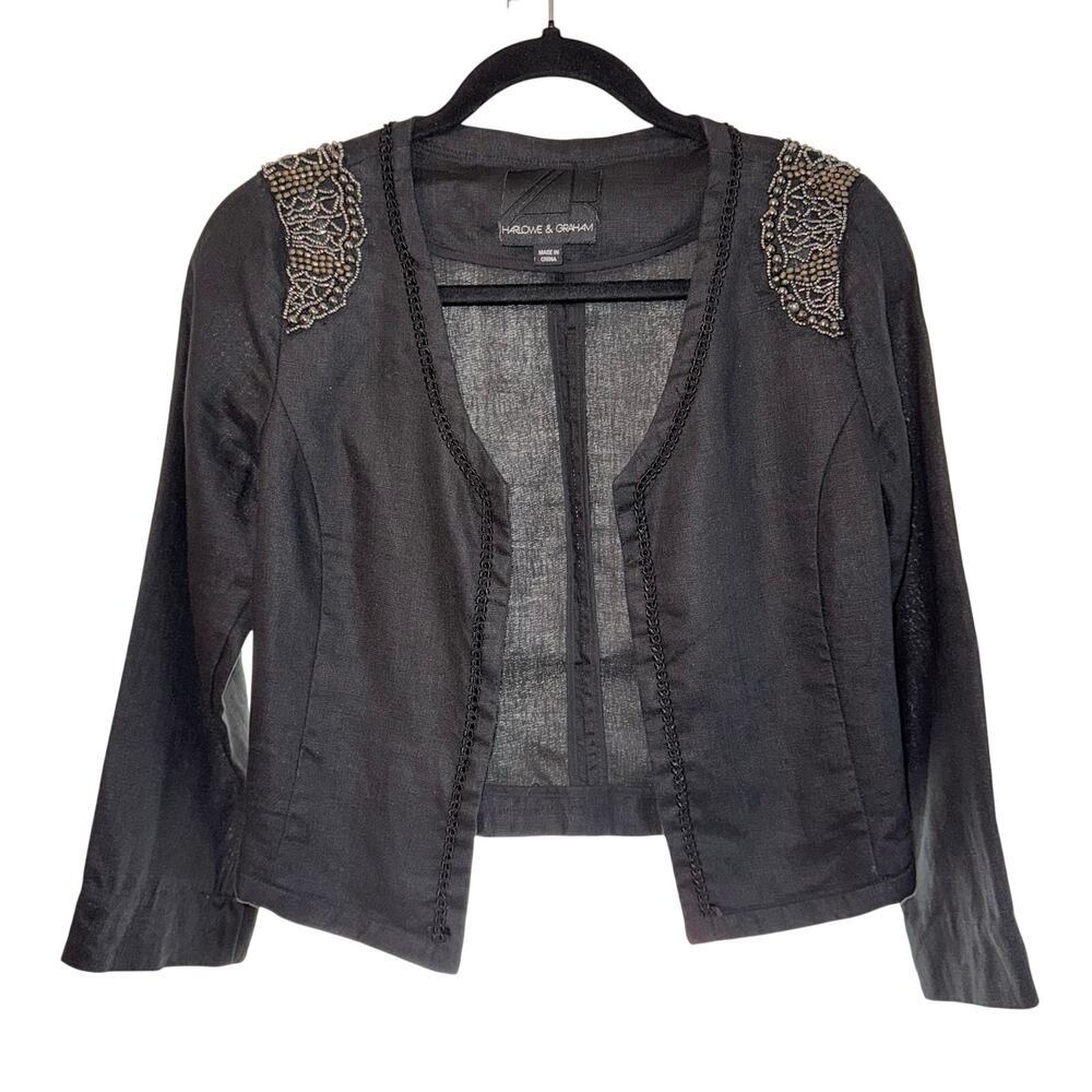 Harlowe & Graham 100% Linen Black Shoulder Beaded Blazer Women's Sz XS
